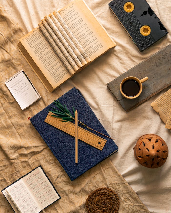 Flat Lay with Books and Journals on Bed Sheets